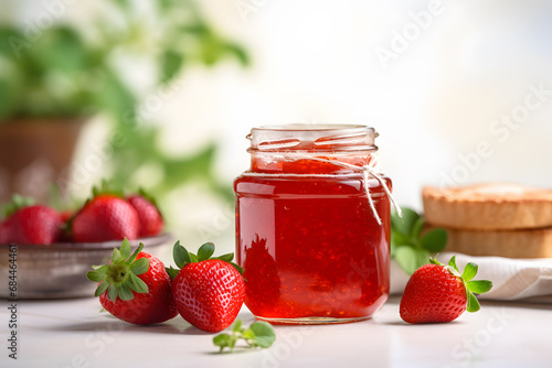 Jar with homemade marmalade or jam with strawberry fruits