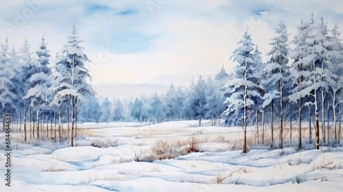 Landscape of cloudy winter forest taiga Hand drawn illustration