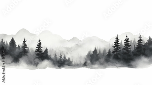 Minimalist monochrome landscapes. Foggy black forest minimalist