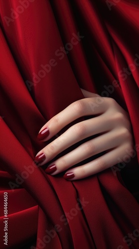 A close-up of a person's hand on a red cloth. Generative AI.
