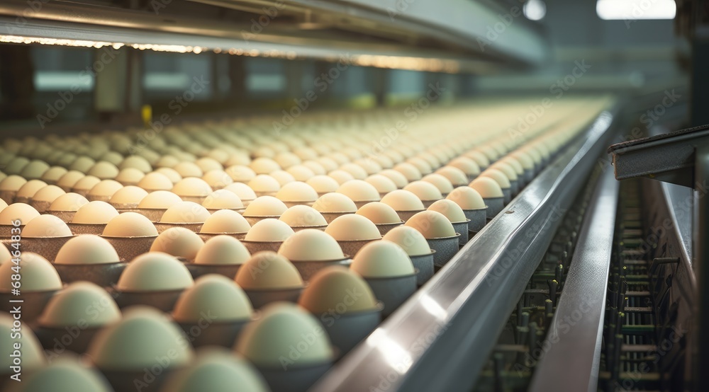 Fototapeta premium Egg packing industrial machine in food processing factory. Generative AI