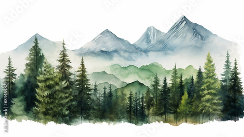 Mountain and pine trees landscape hand drawn watercolor painting