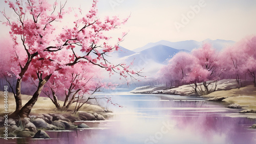 Painting watercolor land scape of Wild Himalayan cherry blossom © BornHappy