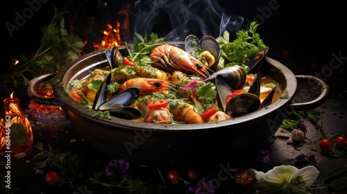 Delicious Spanish paella highlighting mussels and shrimps. Generative AI