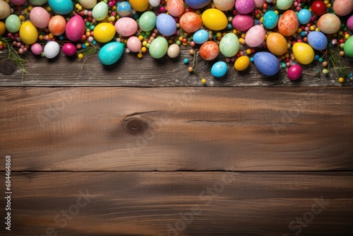 Colorful easter eggs decorated on wooden background. Generative AI