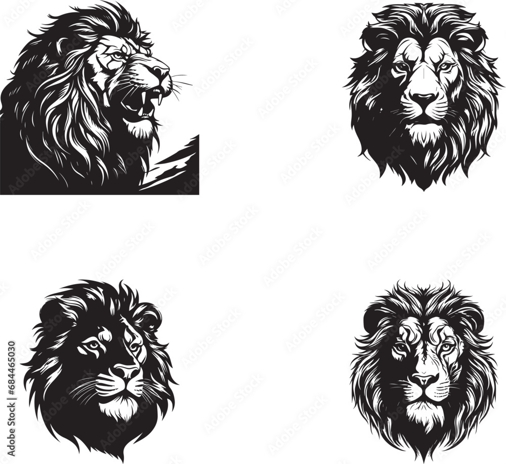 Lion king silhouette black logo animals silhouettes icons set hand drawn lion head face silhouette