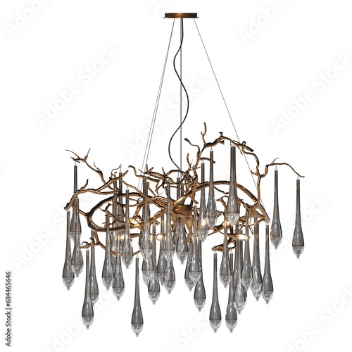 chandelier on the ceiling isolated on white background, hanging lamp, pendant light, 3D illustration, cg render