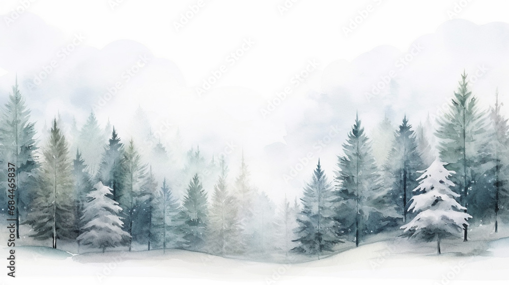 Watercolor winter pine tree forest background spruce