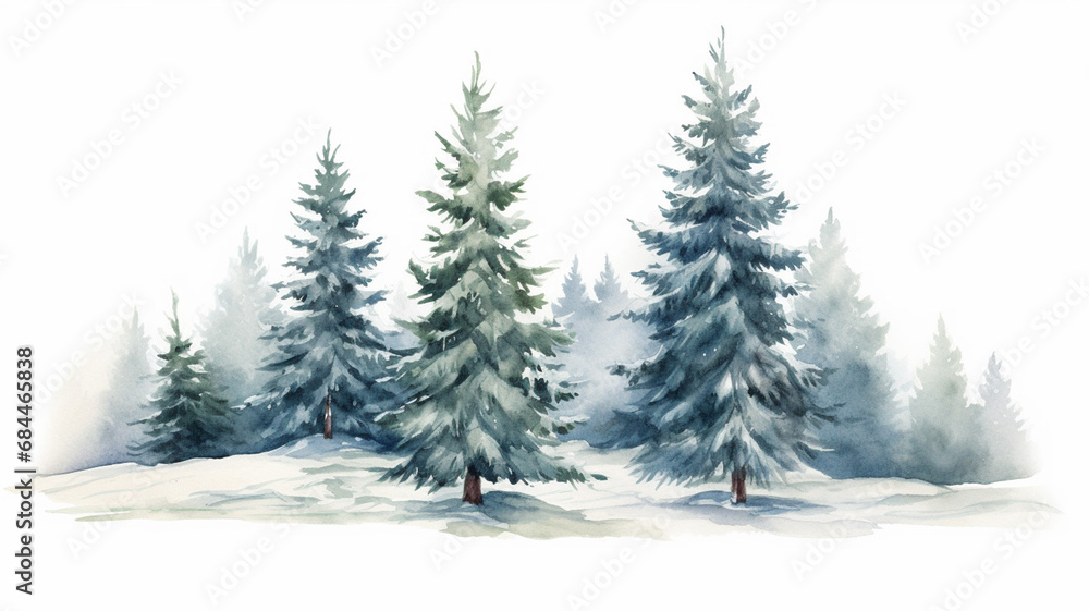 Watercolor winter tree and conifer Isolated element