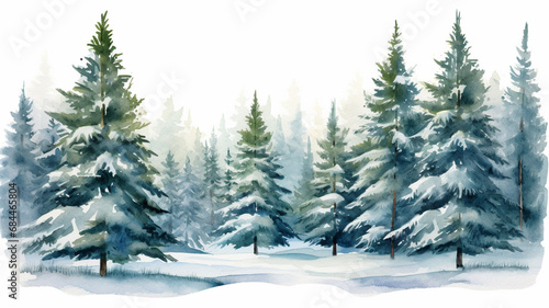 Watercolor winter forest Christmas tree landscape frost