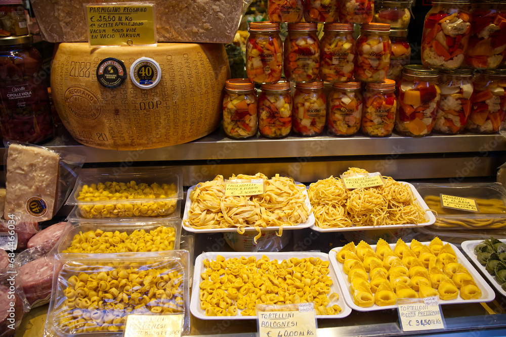 Bologna Italy December 28, 2022 Shop window of Alimentari Melega