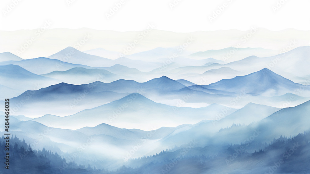 Wide watercolor painting of mountains layers peak brush