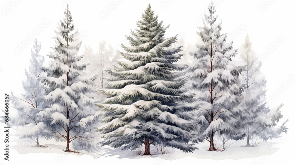 Watercolor winter tree and conifer Isolated element decoration