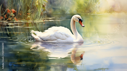 White mute swan on a lake Watercolor painting elegance photo