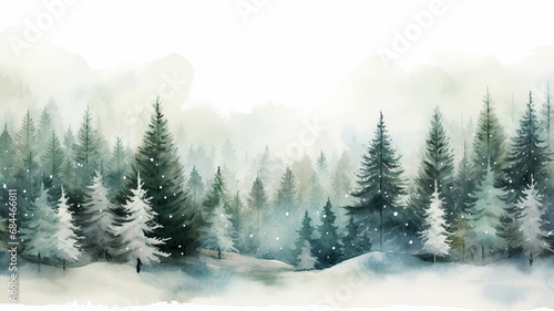 Watercolor winter pine tree forest background frozen