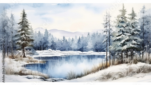Winter background landscape with fir tree and lake