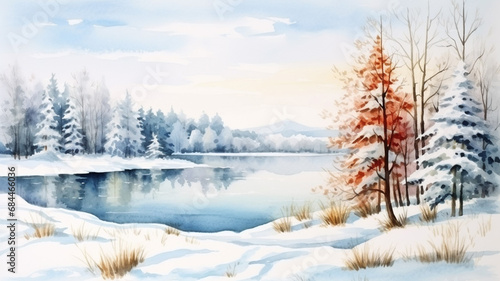Winter background landscape with fir tree and lake park