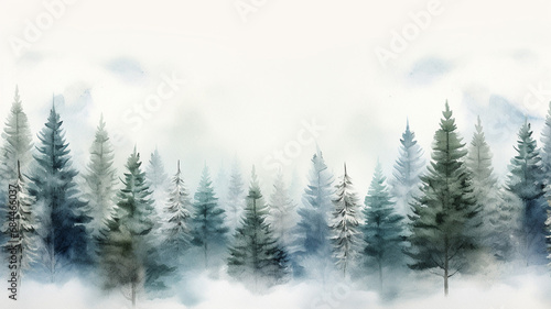 Watercolor winter pine tree forest background sky wild