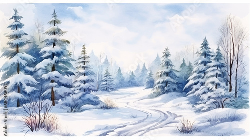 Winter colorful landscape of snowy forest Hand draw © BornHappy