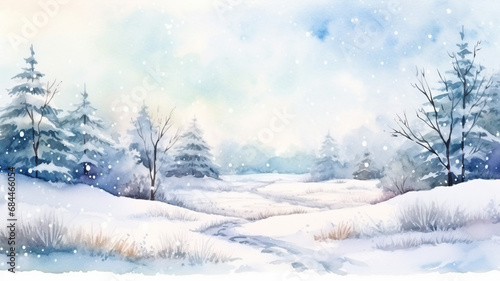 Winter background landscape with snowfall Watercolor © BornHappy