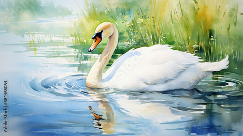 White mute swan on a lake Watercolor painting kiev photo