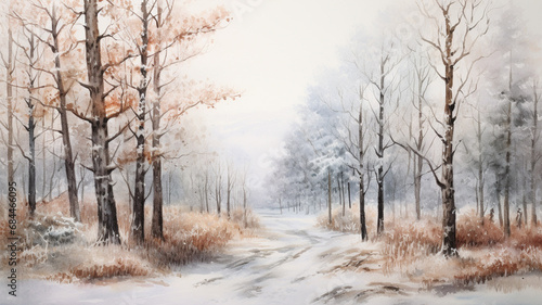Winter forest in a fog painted in watercolor
