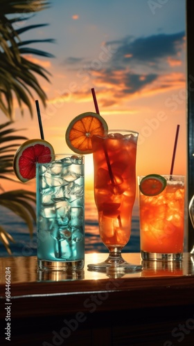 Three vibrant tropical cocktails on a table with a sunset backdrop. Generative AI.