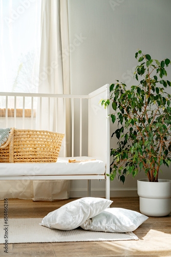 Canvas Print Nursery interior and bedding for kids with wicker bassinet