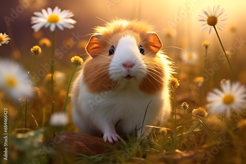 Funny and adorable Guinea pig on wild nature outdoor background. Zoo banner with copy space. cute rodent Adorable bunny sniffing a flower.