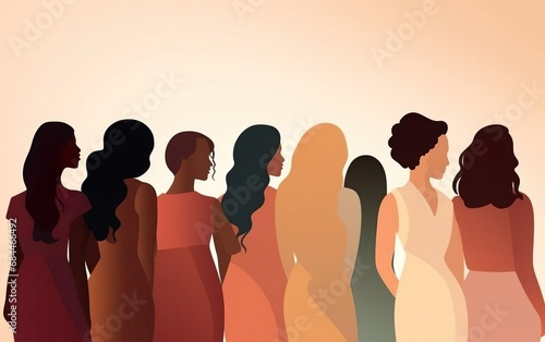 International women day poster with crowd of various confident women, diversity illustration. Different race, collective picture, community concept, warm earthy colors. AI Generative