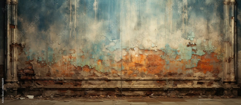 In an old retro wall, an abstract painting with rich textures and artistic design, framed in a vintage tracery, is covered in grunge and grime, creating a unique mix of wallpaper and graffiti that - obrazy, fototapety, plakaty 