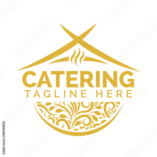 Catering vector logo badge. Cater service sign, outdoor dinner, restaurant business retro design with hand written modern calligraphy. Elegant lettering logotype, vintage style.