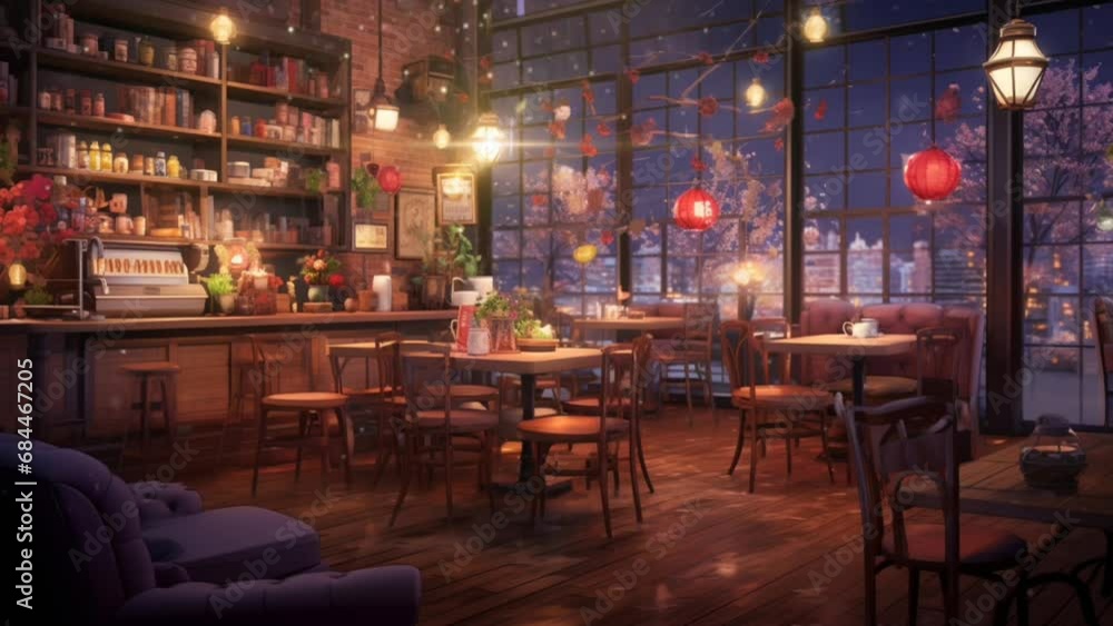 Cafe at night, background for lofi music and perfect for streaming. anime ilustration style. Seamless looping virtual time lapse video background animation. Generated with AI Cafe at night, background for lofi music and perfect for streaming. anime ilustration style. Seamless looping virtual time lapse video background animation. Generated with AI