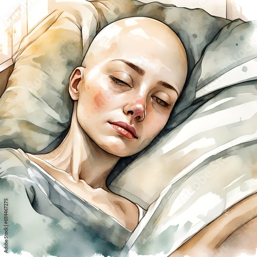 A beautiful young bald skinny girl woman suffering with cancer, sadness in her eyes and face. She is laying in a hospital bed.