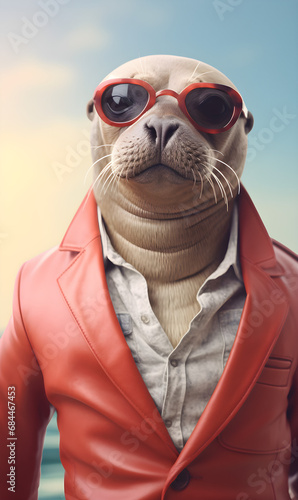 portrait of seal dressed in trendy summer clothes. confident stylish fashion portrait of an anthropomorphic animal  posing with a charismatic human attitude