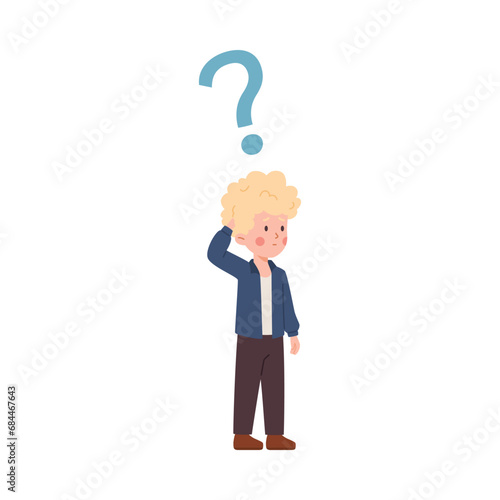 Doubting curly blonde boy, question sign flat style, vector illustration