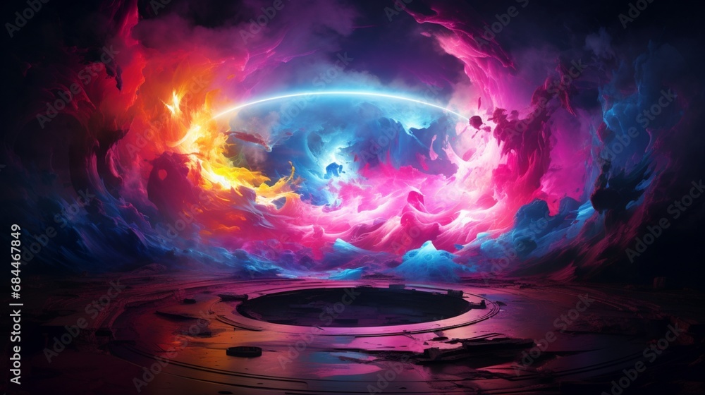 An enigmatic cloud formation, bathed in the vivid hues of a neon light ring, casts an enchanting glow on the nocturnal canvas. An enigmatic cloud formation, bathed in the vivid hues of a neon light ring, casts an enchanting glow on the nocturnal canvas.