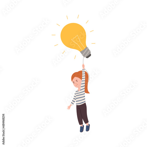Cute smart little girl hanging from a huge light bulb and having good idea, education, vector child idea search process