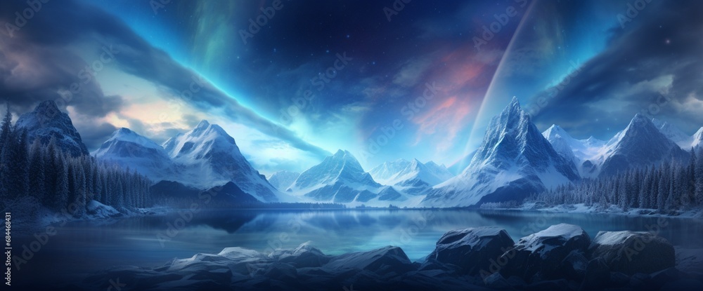 iceberg in the night Blue and white northern lights illuminating the sky over a snowy mountain range.