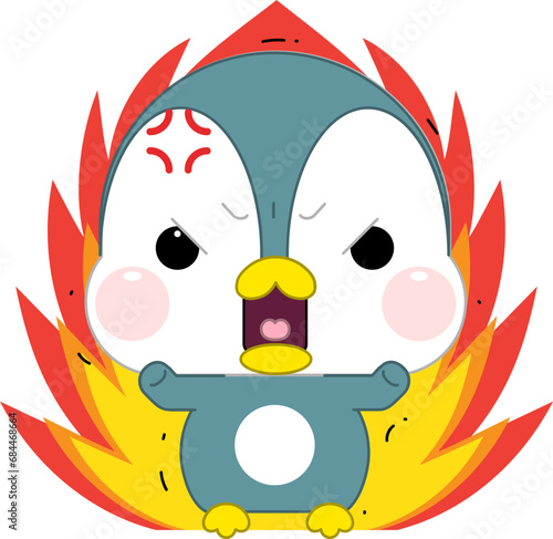 Cute cartoon penguin expressing anger, wrath, rage, and fury with flame