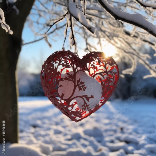 A red paper heart hangs on a winter tree, AI generator
