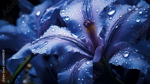  intricate design background of blue iris flower as the morning dew delicately clings to its petals, highlighting nature's © Naseem