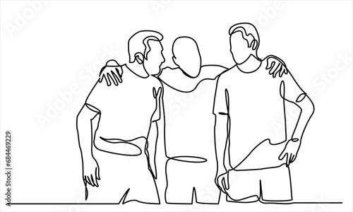 continuous line drawing of three old guy friends hugging each other. the concept of friendship, emotional support, comfort someone a happy moment.
