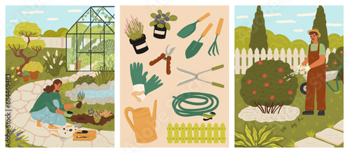 Gardening work scene set with happy gardener at greenhouse and orchard