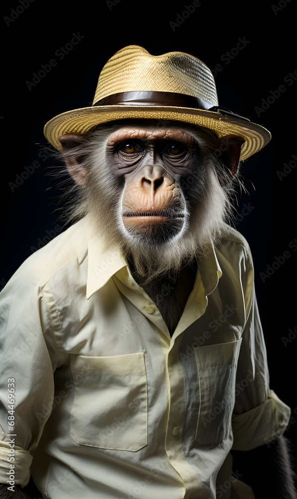 portrait of monkey dressed in trendy summer clothes. confident stylish fashion portrait of an anthropomorphic animal, posing with a charismatic human attitude