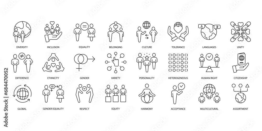 Diversity icons set. Set of editable stroke icons.Vector set of Diversity - obrazy, fototapety, plakaty 