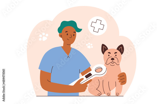 Pet microchipping scene, hand drawn composition with vet doctor and french bulldog, vector illustration of implanting micro chip for domestic animals, dog identification, vet clinic service