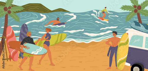 People rest on seaside enjoying surfing water activities