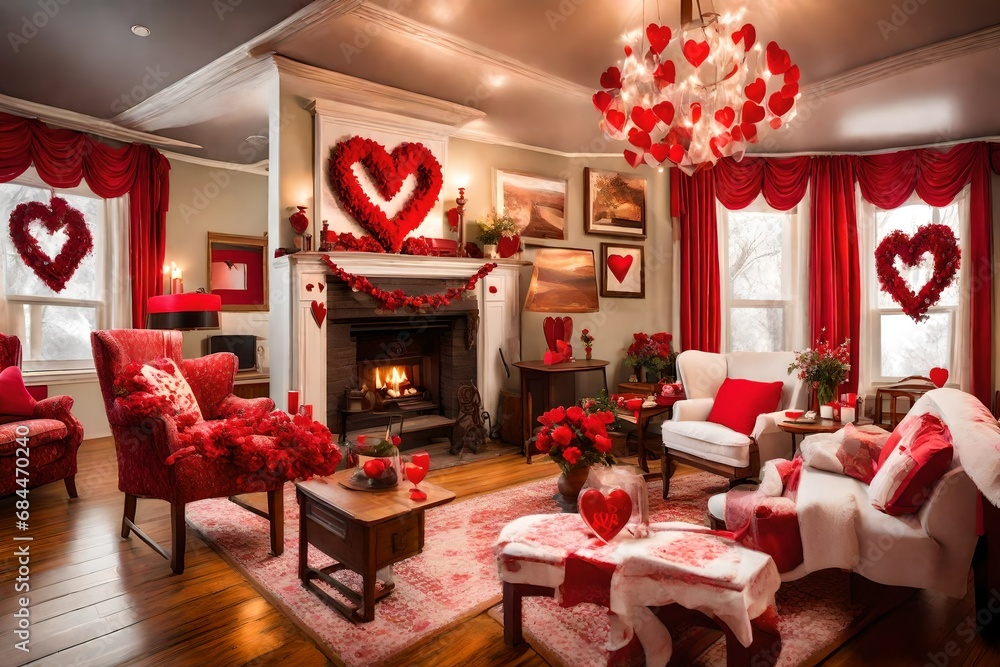 Charming bed and breakfast decorated for Valentine's Day, with red heart wreaths, vintage love-themed decor, and a cozy fireplace Charming bed and breakfast decorated for Valentine's Day, with red heart wreaths, vintage love-themed decor, and a cozy fireplace