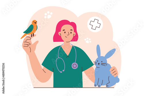 Exotic pet care scene, veterinarian with domestic animals hand drawn composition, vector illustration for vet clinic, female doctor with parrot and rabbit, veterinary appointment